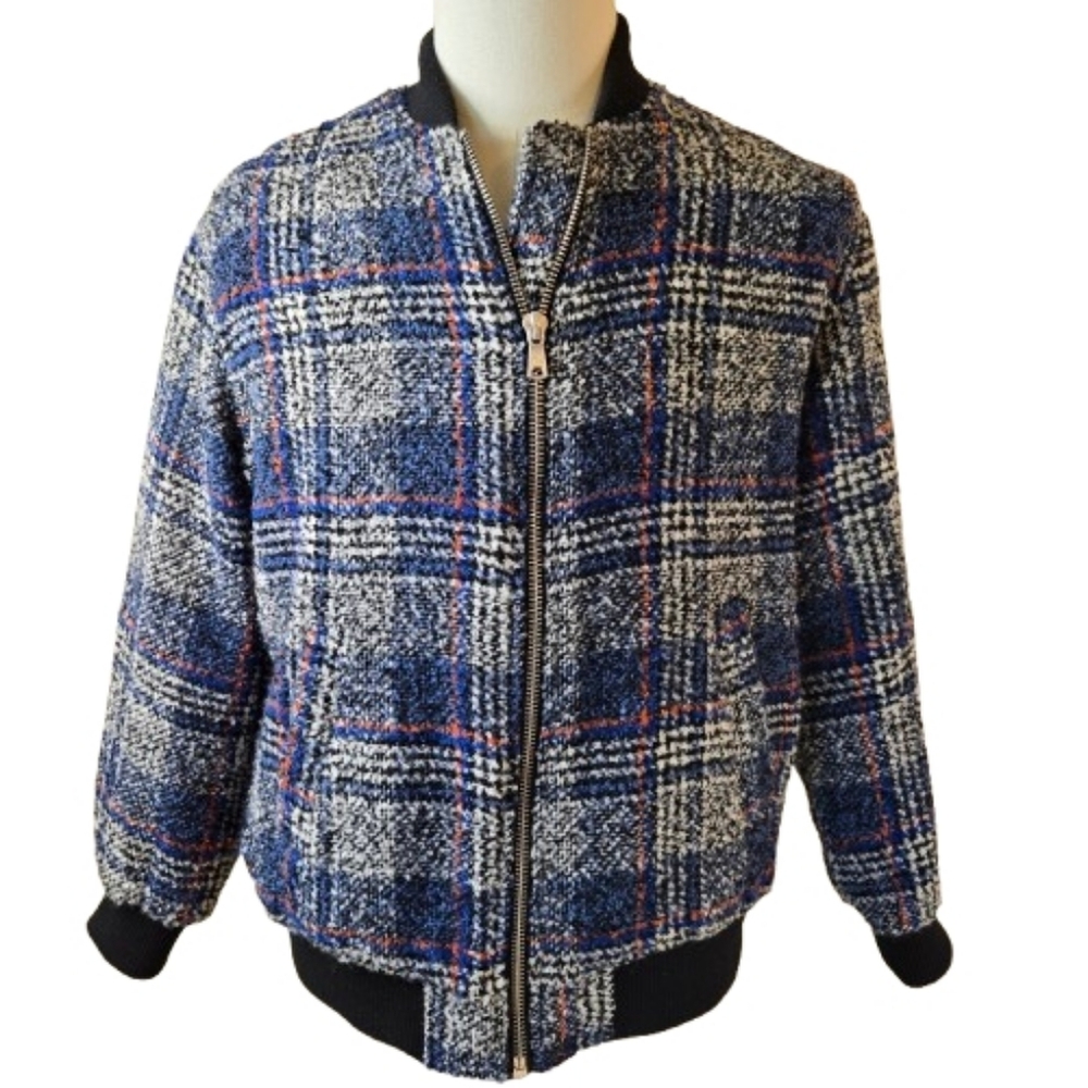 Avec Les Filles Plaid Bouclé Tweed Bomber Jacket Blue Gray Red Zip Front XS